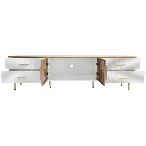 Table basse / Table d'appoint dotée d'une porte en verre trempé, d'un éclairage LED, de tiroirs à la finition texturée effet vague, de poignées et de pieds dorés, ainsi que d'un plateau effet marbre.
