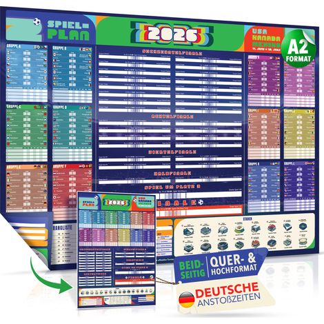 Poster - Planificateur du monde 2026 - Format A2 - Double face 2 en 1 - Pour mur ou porte - Tous les 104 jeux, temps de frappe allemand, stades, listes mondiales et plus (1/5)