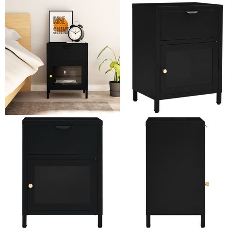 Nachttisch Schwarz 40x30x54,5 cm Stahl und Glas - Nachttisch - Schreibtisch - Wohnzimmertisch - Sideboard - Schwarz - Home & Living (1/5)