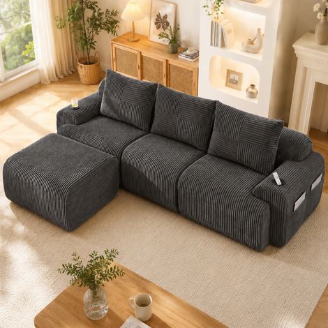 Canapé 3 places gris foncé côtelé modulable avec pouf, porte-gobelets et poche latérale, agencement flexible, grand confort adapté au salon et pièce familiale (1/5)