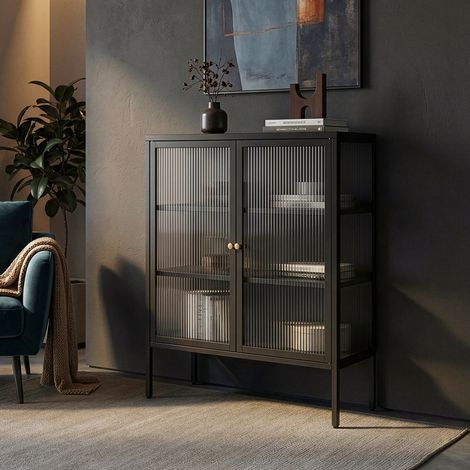 Credenza Vinterhavn in Acciaio Nero con 2 Ante in Vetro Scanalato 100x80x30 cm [en.casa] (1/5)