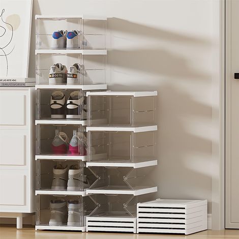6 Boîtes à chaussures, Plastique empilable, Transparent pliable, Grand rangement, Entrée chambre (1/5)