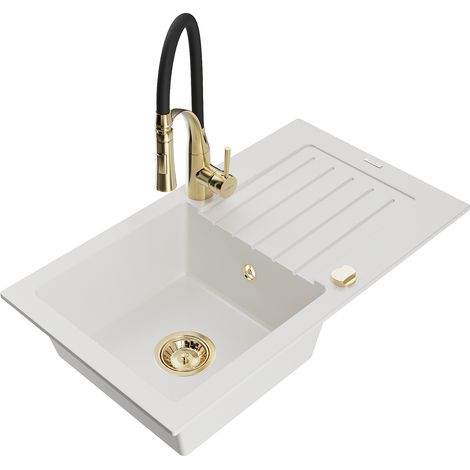 Mexen Pablo fregadero de granito de 1 seno con escurridor y grifo de cocina Aster, blanco - 6510-20-73450-57-G (1/5)