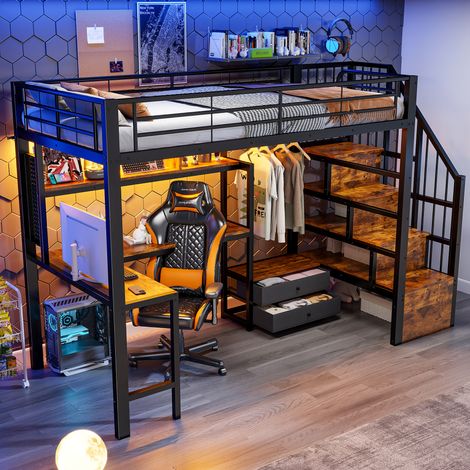 Lit superposé 90x200 cm avec 2 tiroirs, LED, grille, bureau et escalier avec rangement, sommier à lattes inclus, en fer noir (1/5)