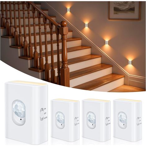 Veilleuse LED Rechargeable avec Détecteur de Mouvement, Lampe Escalier Sans Fil 2700K Blanc Chaud, Éclairage LED pour Couloir, Escalier, Cuisine, Armoire et Salle de Bain, Lot de 4 (1/5)