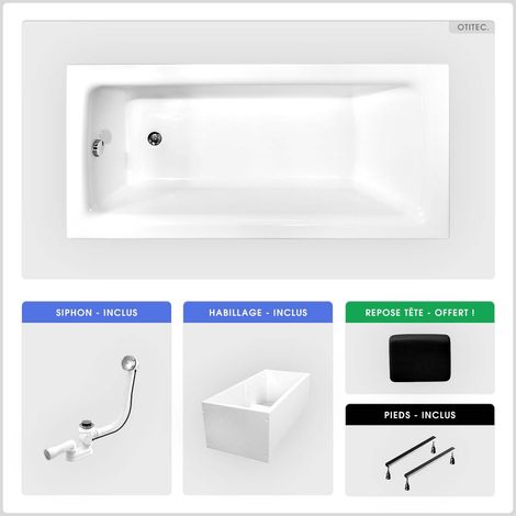 Baignoire rectangulaire - 170 x 75 cm - avec Habillage Polystyrène - Pieds - Poignées - Repose-tête - Vidage Chrome - TALIA PREMIUM (1/4)