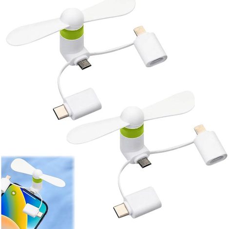 2er-Pack Handy-Ventilatoren, 3-in-1-Mini-Handy-Ventilatoren, Mini-USB-Ventilatoren, tragbarer kleiner Ventilator, 3-in-1-leiser Ventilator, USB-Ventilator, für Mobiltelefone, Weiß (1/5)