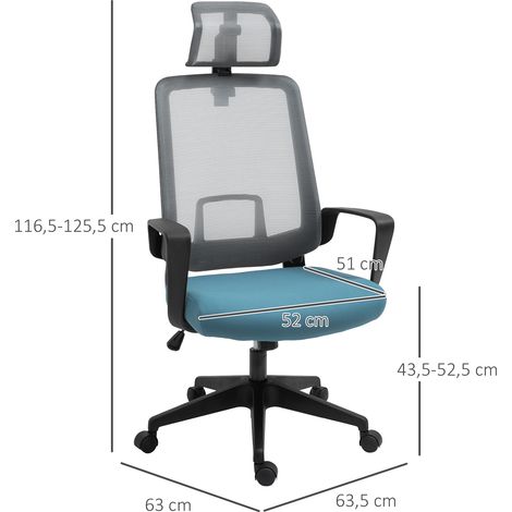 Sedia da ufficio ergonomica Vinsetto, girevole con altezza regolabile, supporto lombare, braccioli e poggiatesta regolabili, rete traspirante, 63,5x63x116,5-125,5 cm, blu e grigio