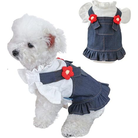 1 robe pour animaux de compagnie, tutu fleuri en denim, bleu, taille M, pour chiens et chats petits à moyens (1/5)