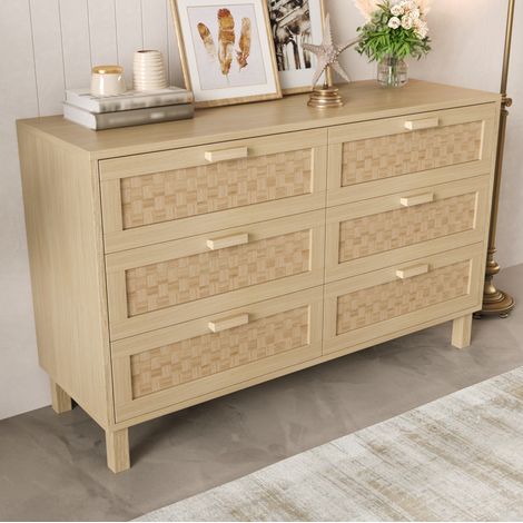 Credenza 120x40x75 cm legno naturale in truciolato con 6 cassetti effetto rattan e ampio spazio contenitivo (1/5)