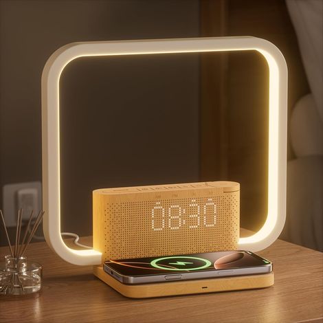 Wake-Up-Lichtwecker, einstellbare Berührung, 3 Helligkeitsstufen, Nachttischlampe, 10-W-Wireless-Ladegerät, Einschlafhilfe für Babys, Erwachsene (Art Deco) (1/5)