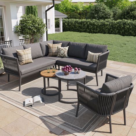 Salon de jardin modulable 114.5x61x67 cm gris en métal et oléfine avec coussins épais et pieds réglables (1/5)
