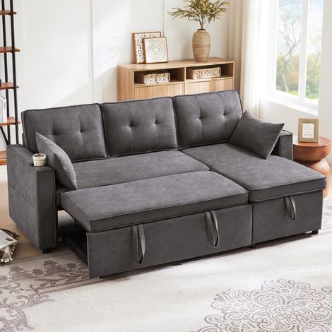 Canapé d’angle convertible 3 places 211x130x86 cm avec méridienne réversible, coffre, 2 porte-gobelets, poches latérales, 2 coussins, coton-lin gris (1/5)