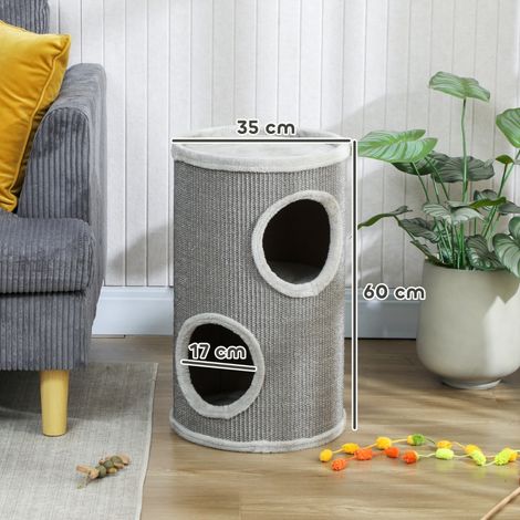 Arbre à chat tonneau 2 niveaux 60cm, griffoir sisal, niche peluche, pour chat jusqu’à 5kg, gris clair (1/4)