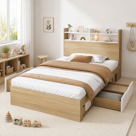 Cama individual 90x200 blanca y roble con cabecero almacenaje y 2 cajones OKWISH (1/5)
