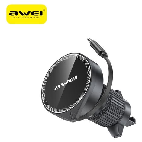 Soporte para coche AWEI MagSafe X73 para rejilla de ventilación con cable retráctil, color negro.