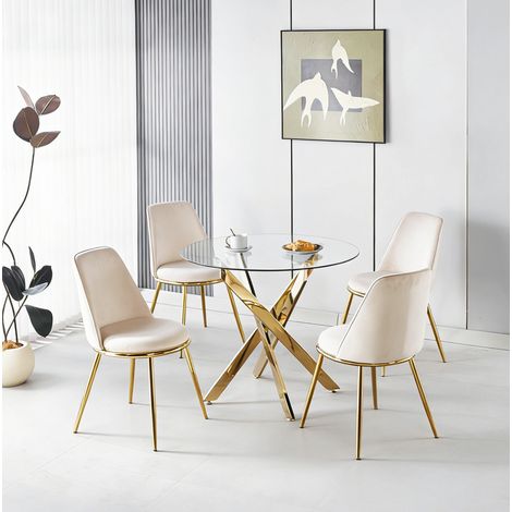 Ensemble de salle à manger 1 table et 4 chaises en velours crème blanc, pieds en métal doré (1/5)