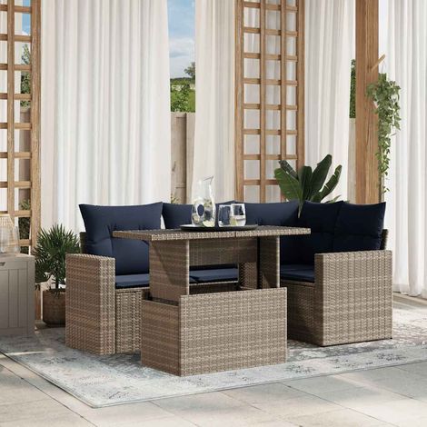 5-teiliges Gartensofa-Set mit Kissen, grau, Polyrattan