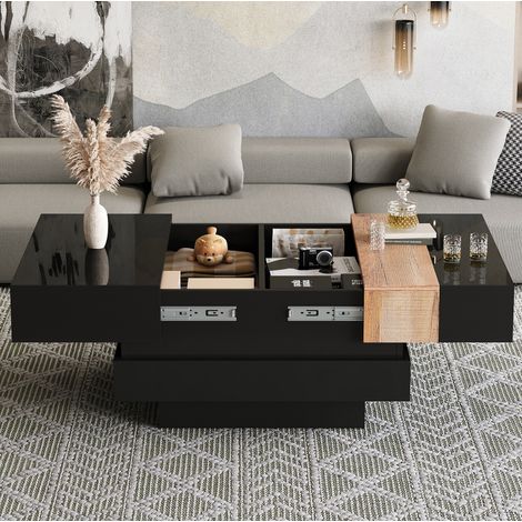 Tavolino quadrato in MDF 70x70x39 cm con vano portaoggetti nascosto, nero (1/5)