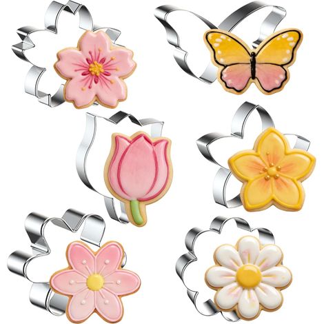 Lot de 6 emporte-pièces en forme de fleur, tulipe, fleur de cerisier, frangipanier, marguerite, tournesol, papillon, en acier inoxydable pour la cuisson des biscuits (1/5)