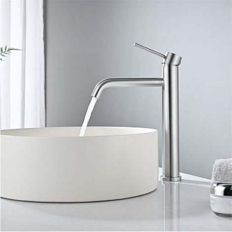 Mitigeur de Lavabo Haut Robinet Salle de Bain pour Lavabo et Vasque Robinet Lavabo en Acier Inox Brossé Classique (1/5)