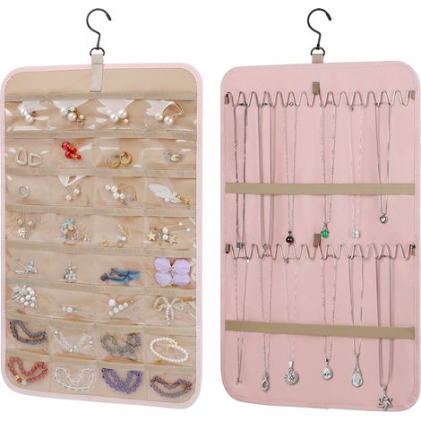 Organisateur de Bijoux Rotatif Double Face avec Poches Transparentes et Crochets Métal - Polyester PVC, Noir ou Rose, Petite ou Grande (1/5)