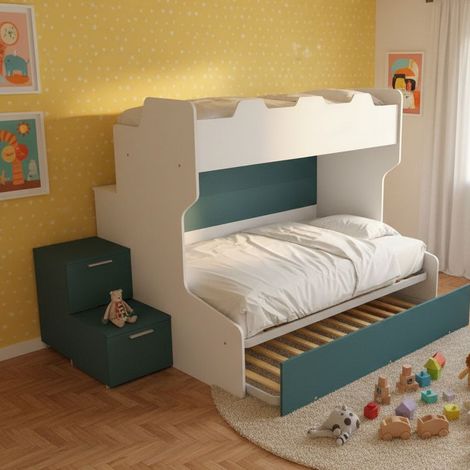 Letto a castello con gradini a cassetti e passerella - Una piazza e mezza e singola - Bianco e Petrolio