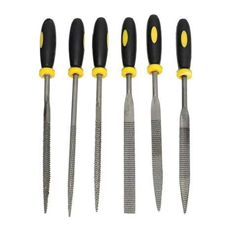 Lot de 6 mini limes à bois à la main avec poignée souple pour bois et métal souple Bijoux 4 x 140 mm petites limes en métal plates, carrées, triangulaires, rondes, demi-rondes (1/4)
