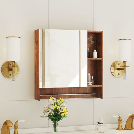 Armoire de salle de bain couleur noyer en MDF, avec miroir et étagères ouvertes – Armoire de salle de bain avec miroir pratique