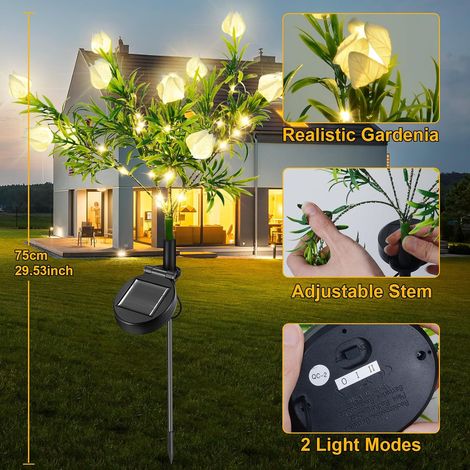 2 lampes solaires gardénia fleurs, LED IP65, décoration chemins/pelouse/terrasse/clôture/fête.