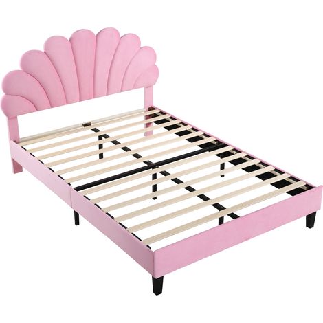 Lit rembourré double 140 x 200 cm, cadre de lit avec tête de lit en forme de fleur et sommier à lattes, lit adulte-ado en velours doux pour la peau, lit d'appoint rose (1/5)