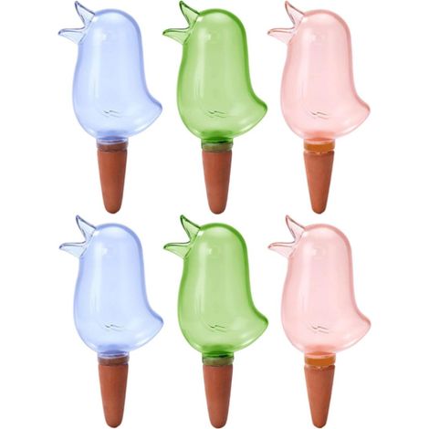 6 unidades de estacas de riego automático para plantas, inserto transparente para maceta con forma de pájaro en 3 colores, riego por goteo. (1/5)