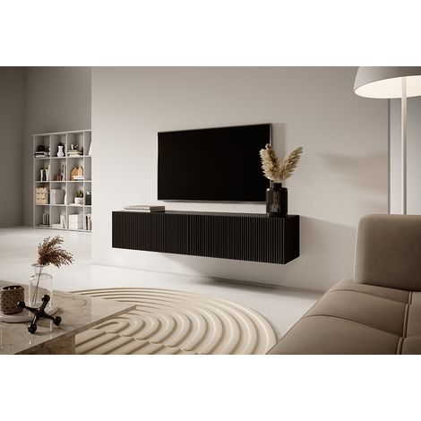 Selsey – Meuble TV 140 cm noir – Façade biseautée – Panneau stratifié résistant à l'humidité – 2 armoires spacieuses pour rangement
