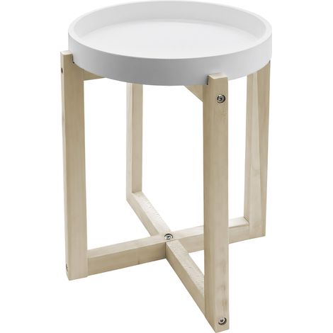 Holz Beistelltisch rund mit Tischplatte im Tablett Design 30 cm - weiß - Deko Blumentisch mit naturbelassenem X-Gestell