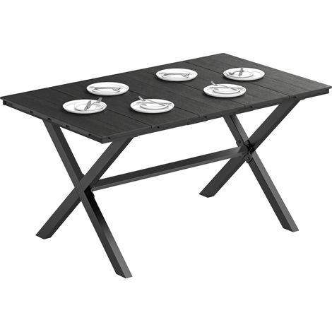 Rechteckiger Gartentisch für 4-6 Personen, Esstisch für den Außenbereich mit Tischplatte in Holzoptik, 150x90x74 cm, schwarz, langlebig und elegant.