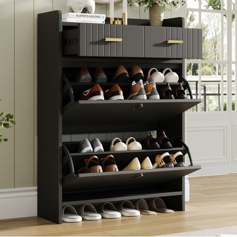 Scarpiera con ante a ribalta, 2 vani e 1 cassetto, 75x24x108,5 cm, mobile contenitore ingresso in MDF - nero (1/5)