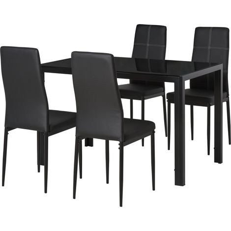 Set da Pranzo Tavolo con Piano in Vetro e 4 Sedie in Metallo e Similpelle Nero (1/5)