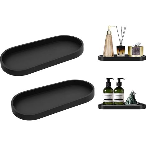 Lot de 2 plateaux de salle de bain en silicone noir pour salon, chambre à coucher, lavabo, baignoire et évier de cuisine (ovale)