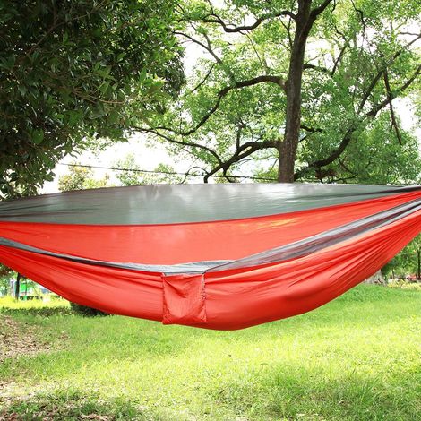 Lit suspendu d'extérieur extensible, hamac de camping et de voyage, balancelle de couchage (gris + orange) (1/5)