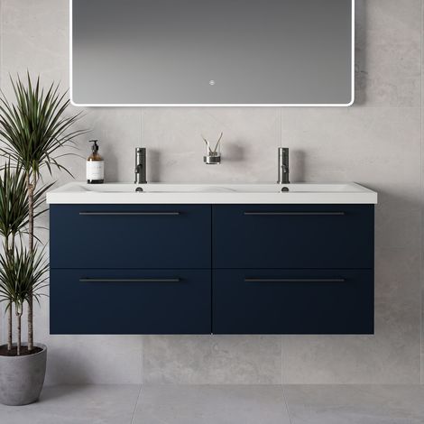 Napoli 390 Deep Blue 1200mm Wall Mounted 4 Drawer Vanity Unit with Double Glide Basins - 1200mm - Gunmetal Grey 320mm Handle