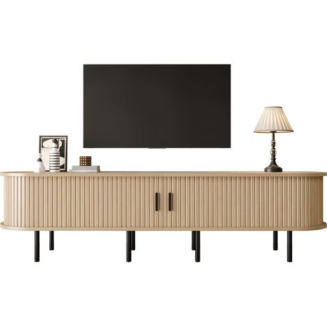 Meuble TV elliptique rainuré avec portes coulissantes, 2 niches ouvertes, commode multimédia pour salon, MDF, pieds en métal, angles arrondis, style moderne