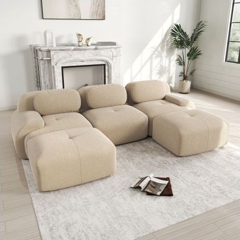 Canapé Modulable 298x178x75cm Beige Velours Côtelé Sans Montage - Canapé Composable - Forme U 3 Places Ergonomique Mousse 32D (1/5)