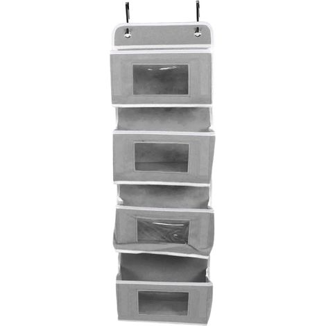 Organisateur de Porte Multifonction 4 Compartments Gris en Tissu Résistant avec Crochets pour Rangement Intérieur