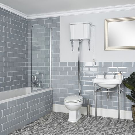 Milano Richmond White Single Ended Bath Ceramic Toilet WC Pan with High Level Cistern and Bathroom Basin Sink and Washstand - 3 Tap Hole Basin (1/5)