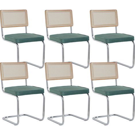 Wokaka Lot de 6 chaises de salle à manger - Avec Siège Rembourré et Base en Métal Chromé - Velours Vert