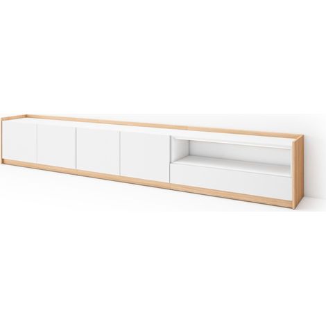 Skraut Home - TV-Schrank, Lowboard, 310x37x50cm, Für TV-Geräte bis zu 80", Fernsehtisch, Weiß und Eiche Soft (1/5)