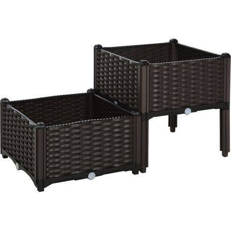 Double bac rotin 80x40x44 cm – Brun, PP avec trous drainage – Jardin balcon, plante fleur (1/5)