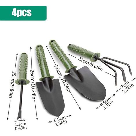 Ensemble de 4 outils de jardin en alliage d'aluminium, comprenant une pelle, un godet, un râteau et une bêche, idéal pour les plantes en pot et les plantes de jardin, pour une utilisation intérieure e (1/4)