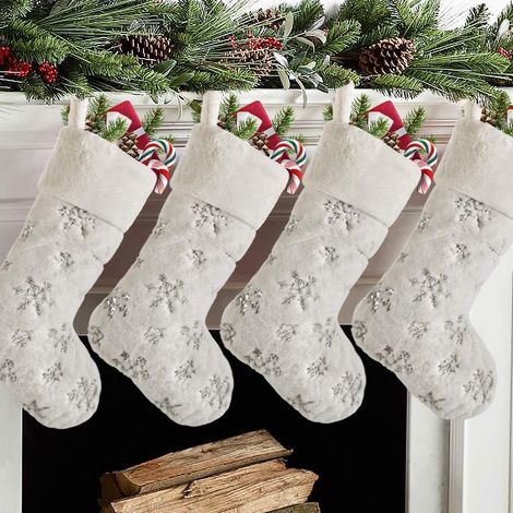 Calcetín Navideño - 48 3 Cm - Pelo Sintético - Adorno De Copos De Nieve Con Lentejuelas Plateadas - Para Chimenea O Árbol - Pack De 4 (1/5)