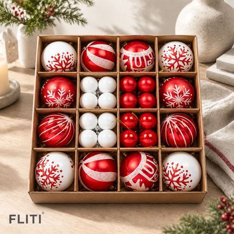 FLITI Set mit 36 kreativ bemalten, dekorativen Weihnachtskugeln, rot und weiß, Weihnachtsbaumschmuck (1/5)